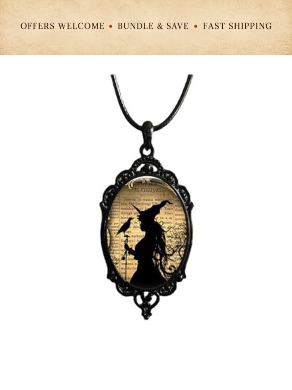 Raven Cross Glass Pendant Necklace Gothic Handmade Witch Halloween Jewelry